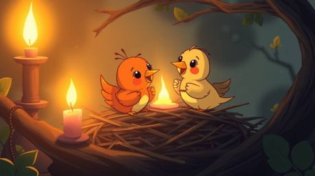Experience the heartwarming scene of two cartoon birds diligently building a nest in a classic animation style. The warm cand