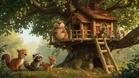 A high-resolution stock photo captures a serene beaver with a gentle smile, meticulously building the perfect treehouse for o