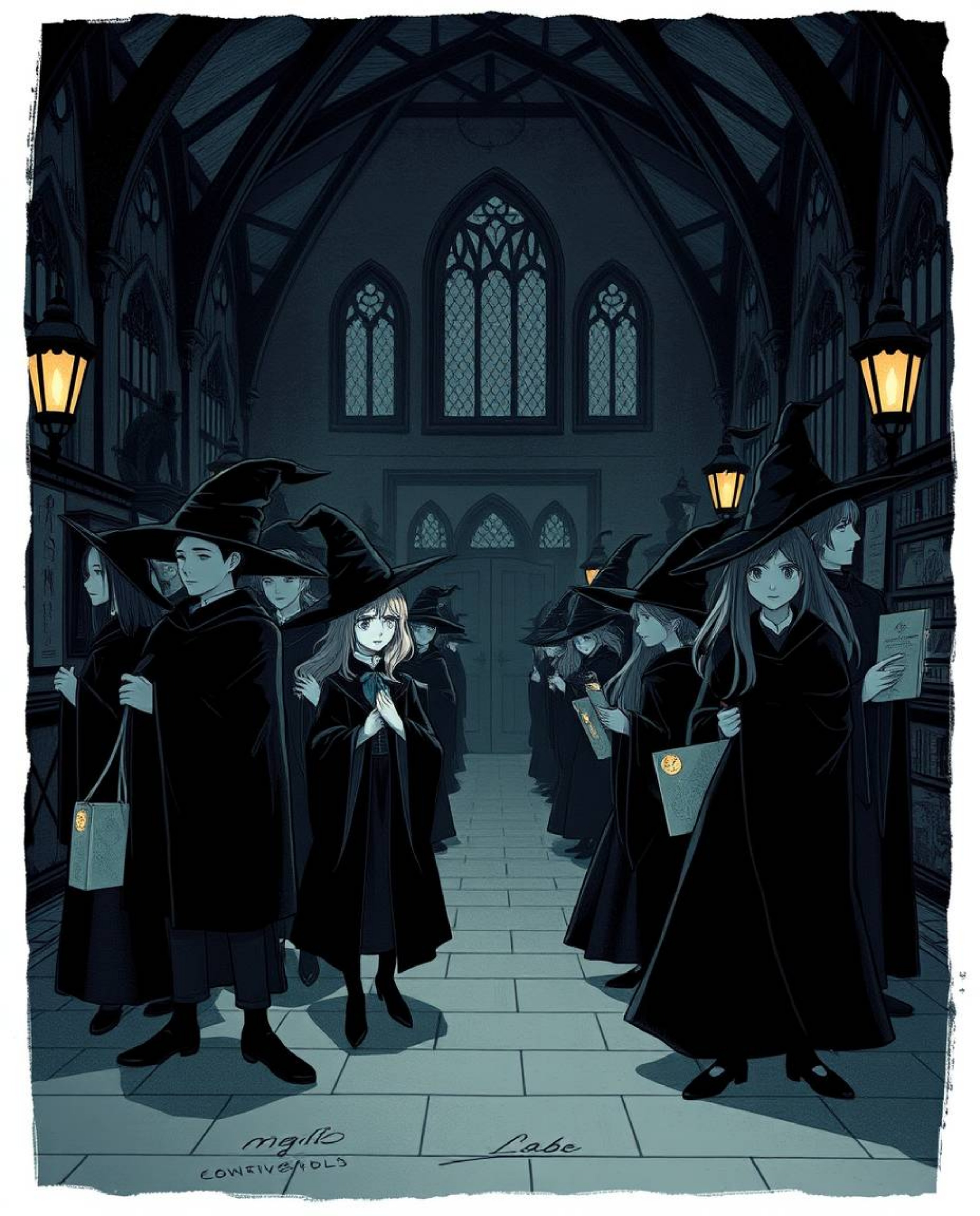 Discover a captivating illustration of a magical school brimming with young wizards.  Rendered in a moody, low-contrast style
