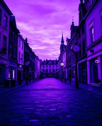 An extreme macro close-up shot capturing an empty town square adorned with ticking clocks in deep ultraviolet hues. This imag