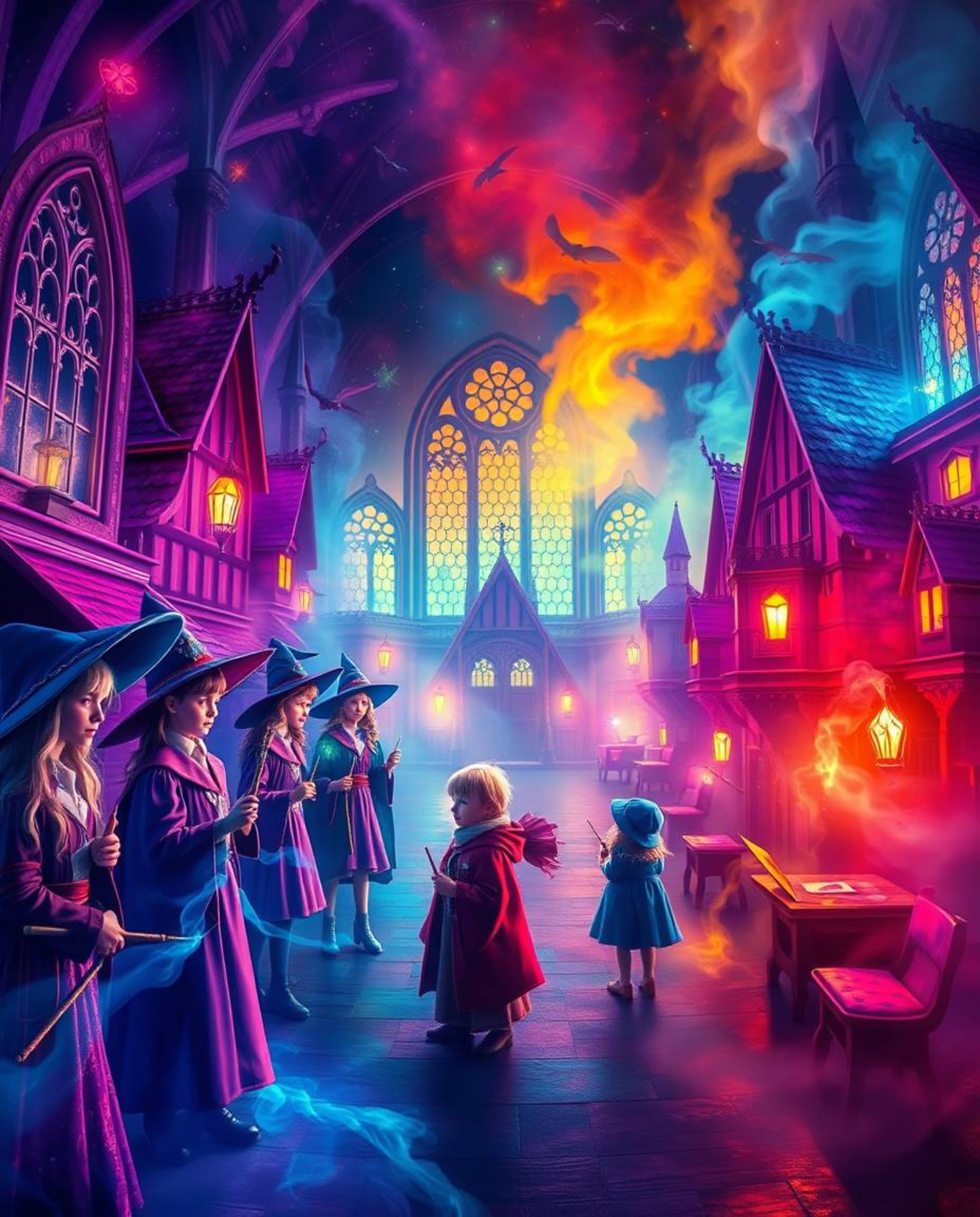 Immerse yourself in a magical school brimming with young wizards, brought to life with vibrant, complementary colors. This en