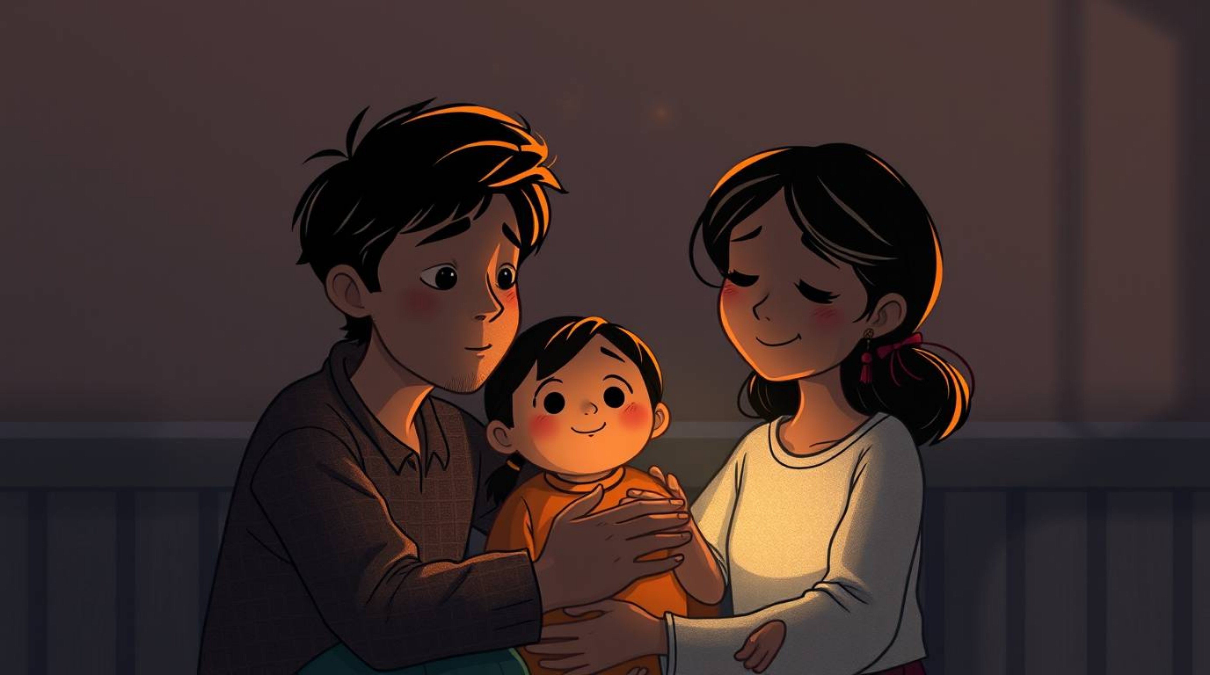 This artwork features a heartwarming family reunion rendered in the iconic Pixar style, characterized by a strong, moody aest