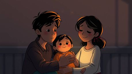 This artwork features a heartwarming family reunion rendered in the iconic Pixar style, characterized by a strong, moody aest