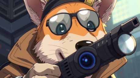 A captivating close-up illustration in the style of Isekai anime depicts a dog detective utilizing advanced technological gad