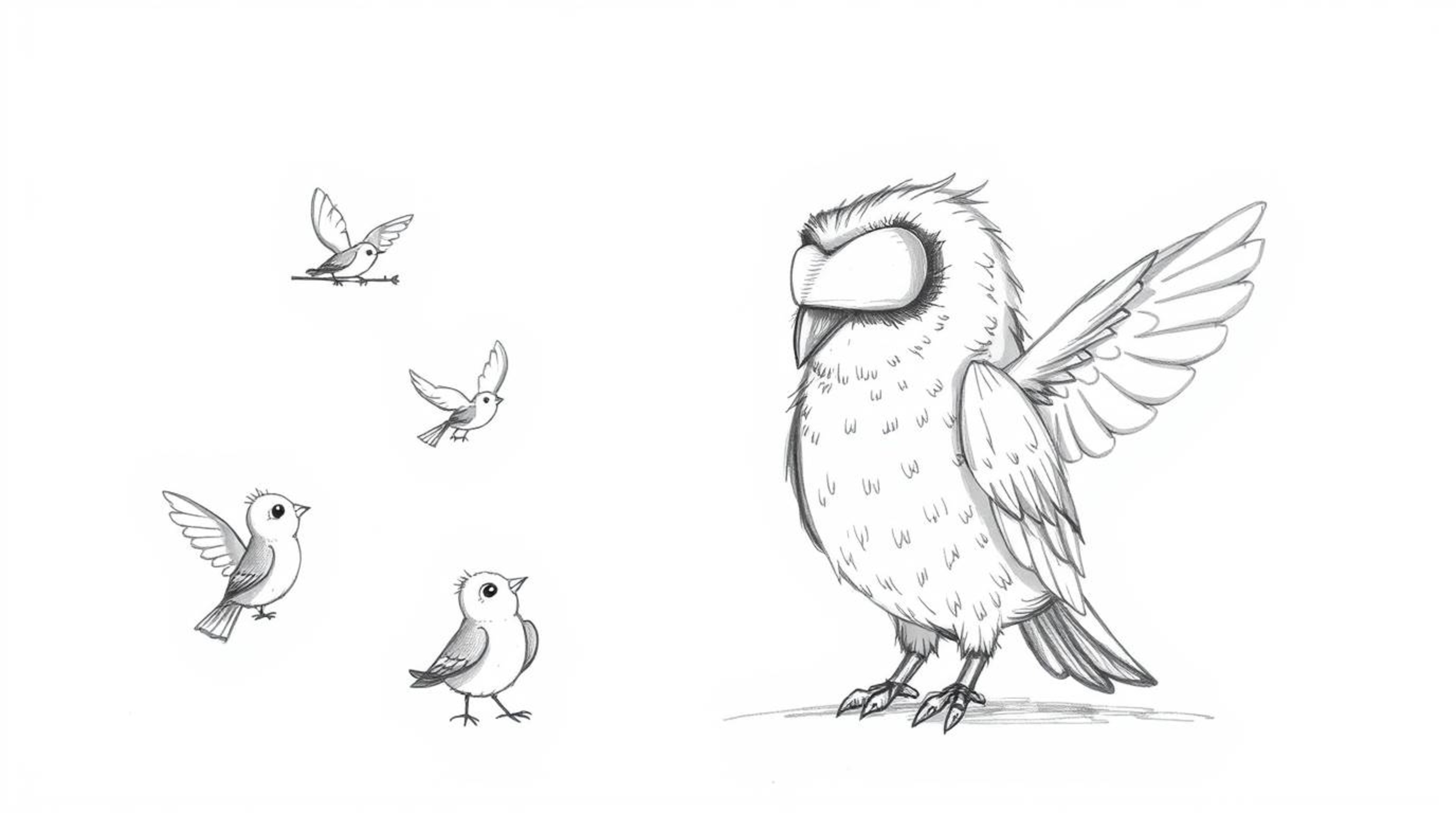 A heartwarming hand-drawn sketch in the style of Pixar shows a gentle, blind owl with soft feathers, patiently teaching small