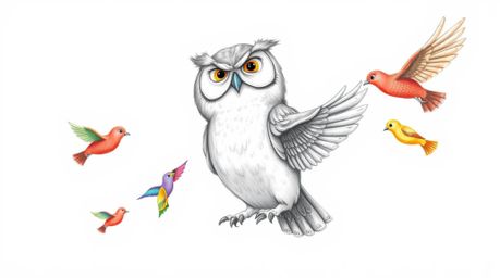 A heartwarming image of a gentle, blind owl with textured feathers, dedicated to teaching colorful birds the art of synchroni