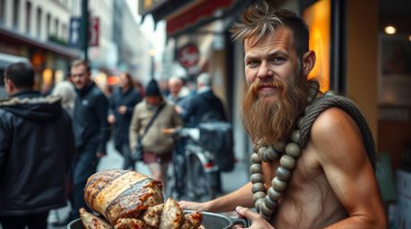 A captivating candid street photography image depicts an adorable caveman with charming features, unexpectedly cooking mammot