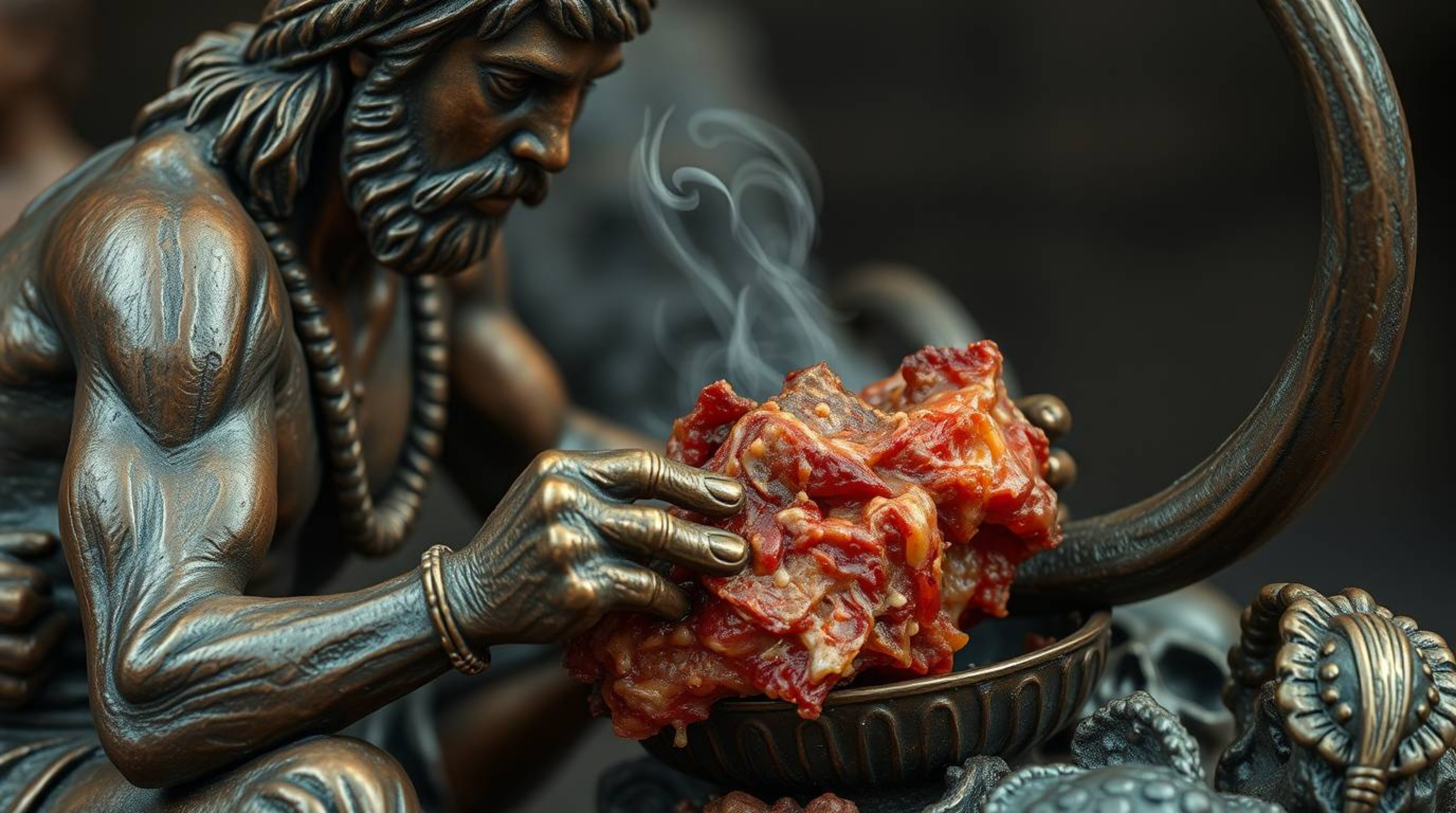This image showcases a tight close-up of a bronze caveman meticulously cooking mammoth meat, imbued with an antique patina fi