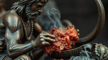 This image showcases a tight close-up of a bronze caveman meticulously cooking mammoth meat, imbued with an antique patina fi