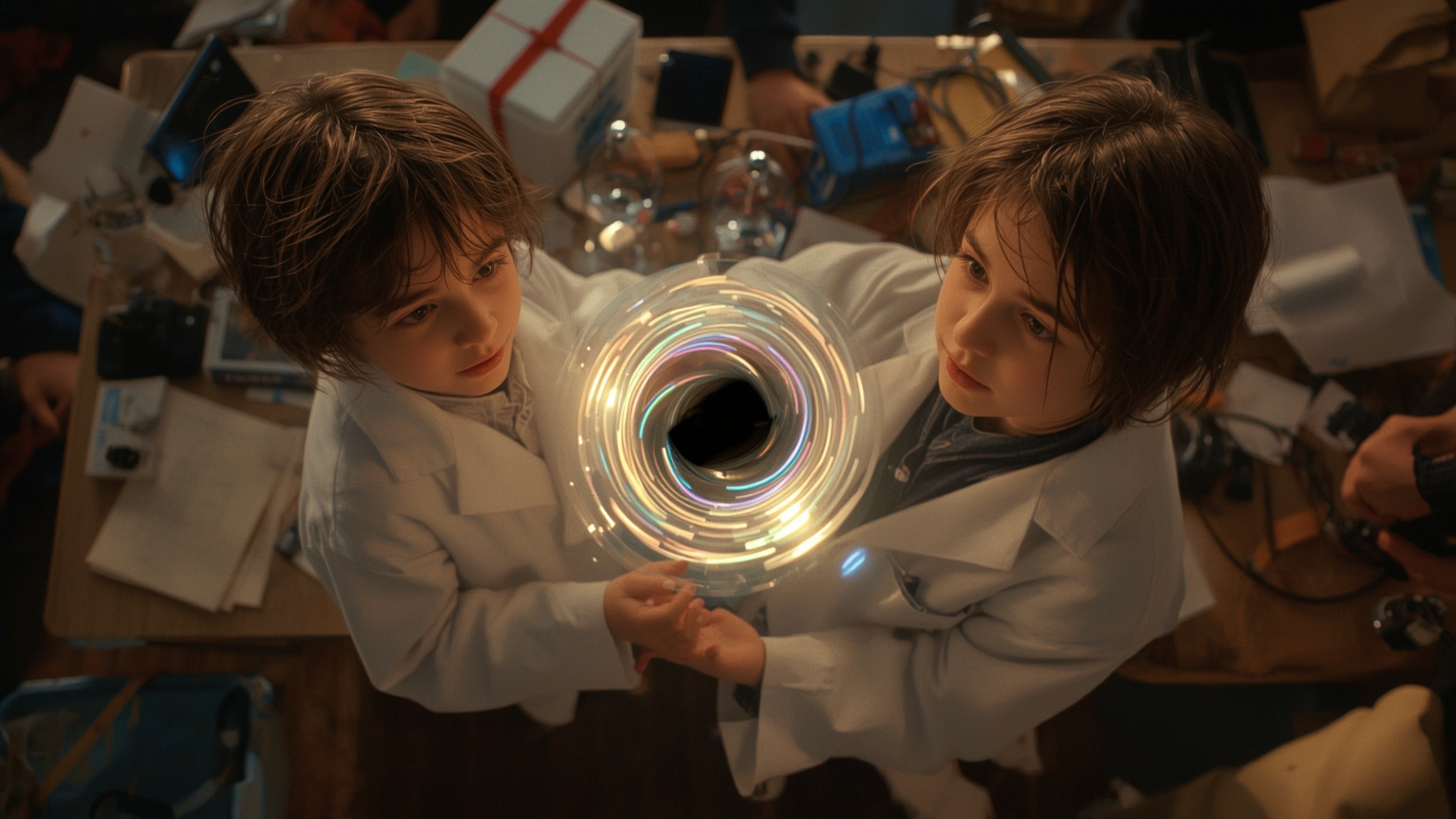 a cinematic, high-contrast photograph of two excited science fair participants, a boy and a girl, likely in their early teens