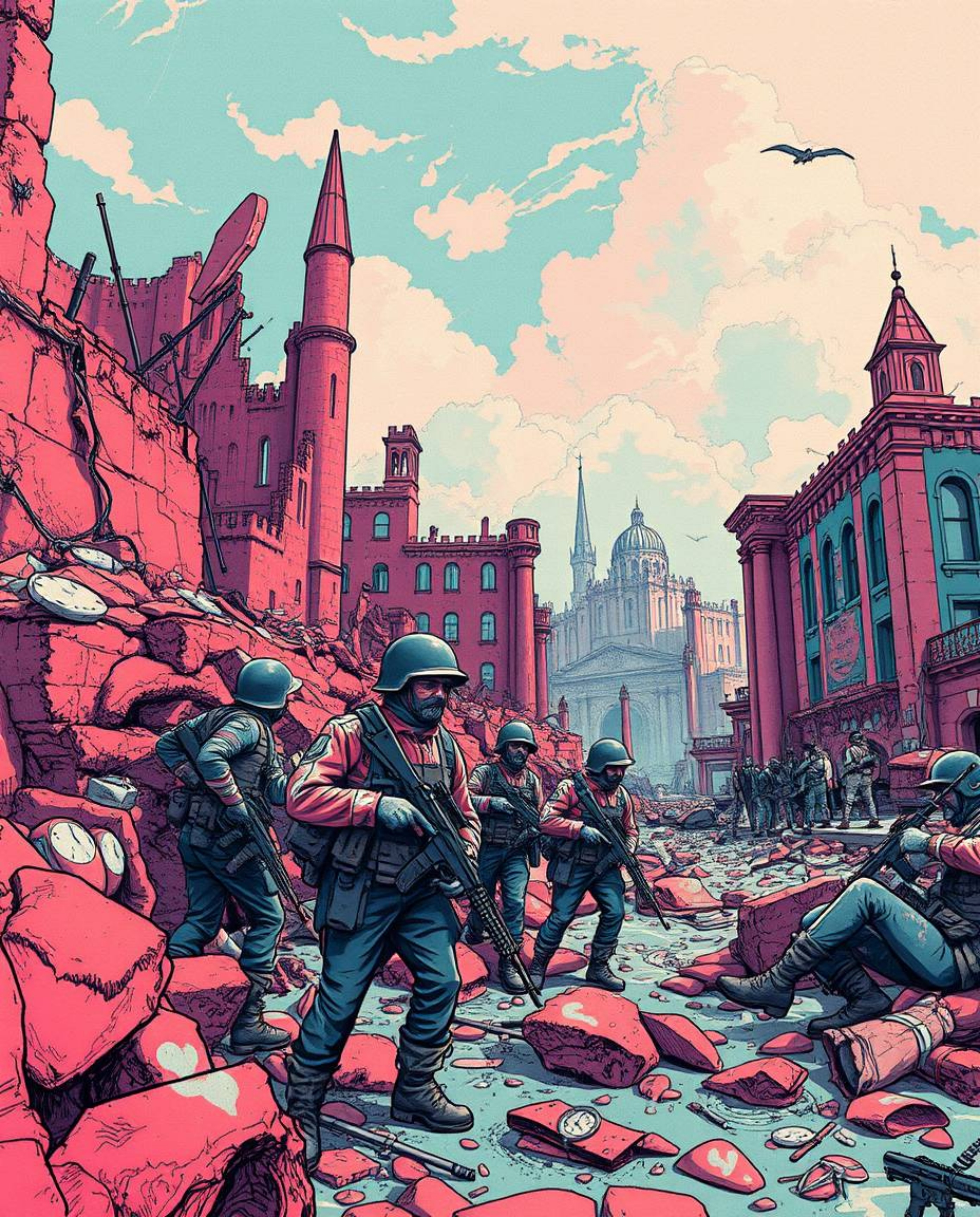 Explore a surreal battlefield rendered in vibrant infrared tones, showcasing time-warped soldiers amidst crumbling buildings.