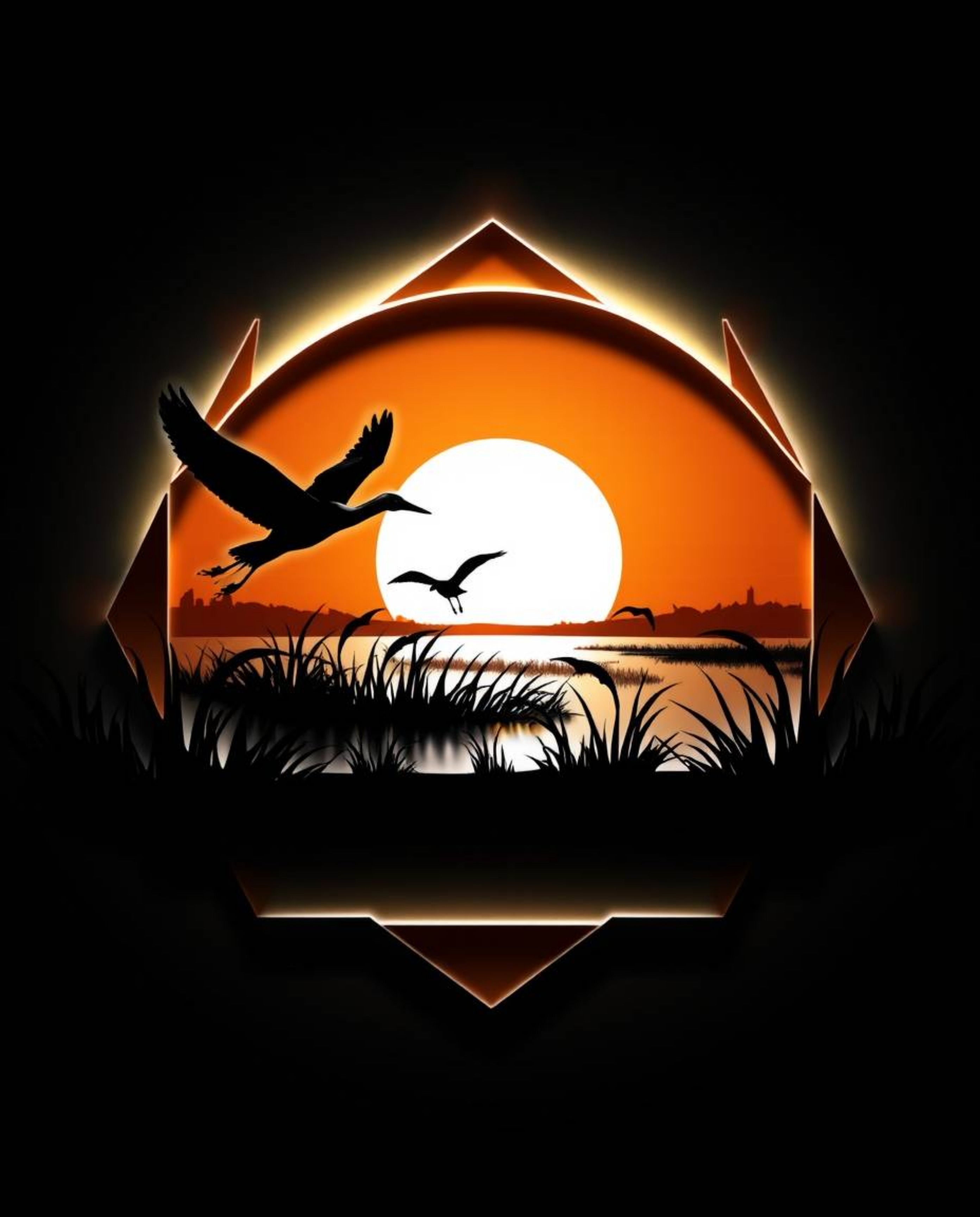 A high-contrast, low-key lighting logo featuring a golden hour wetlands scene with herons flying. This design incorporates ge