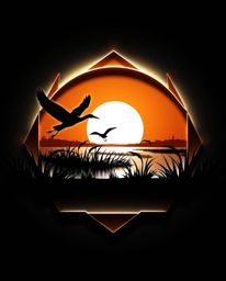 A high-contrast, low-key lighting logo featuring a golden hour wetlands scene with herons flying. This design incorporates ge