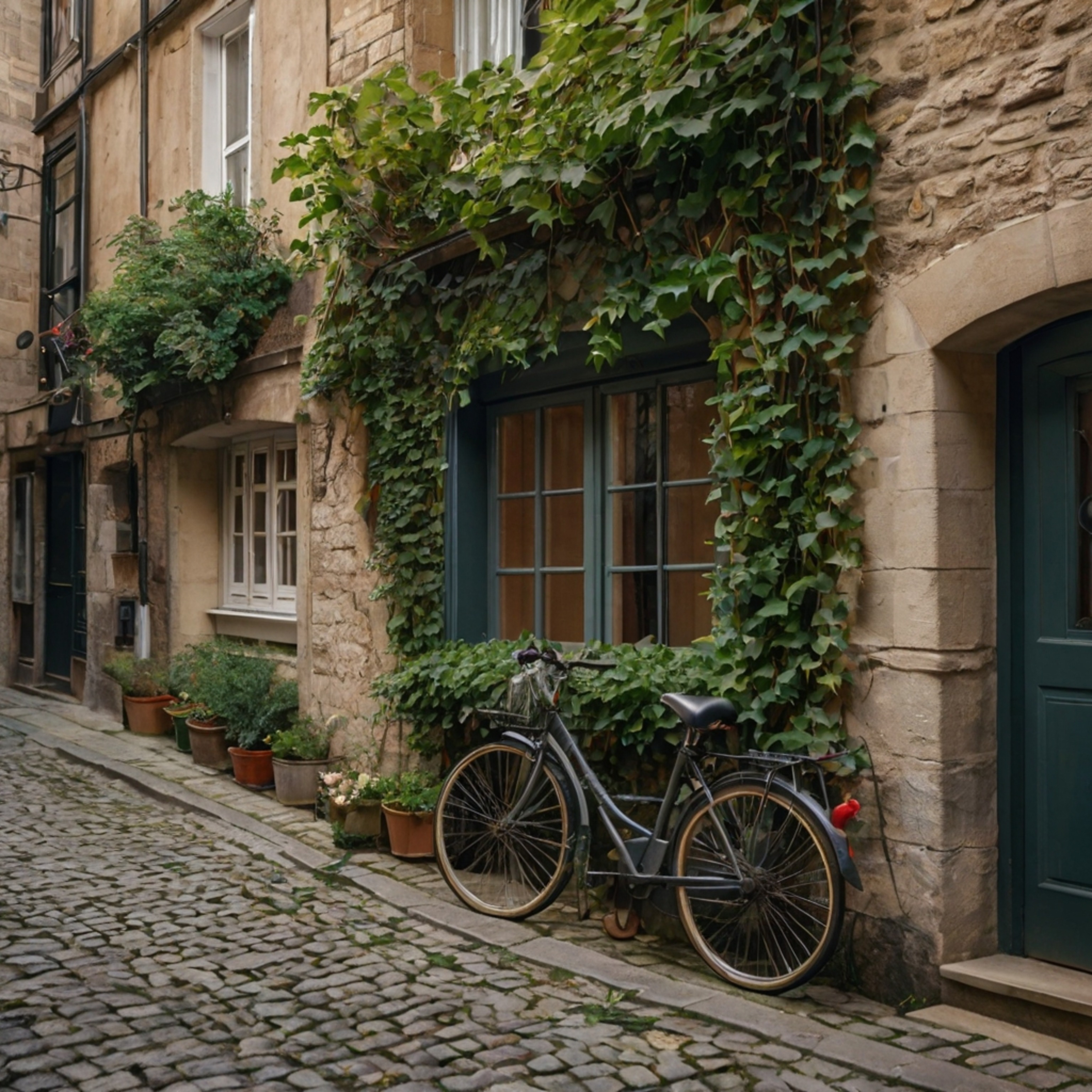 Capture the charm of a quaint European alleyway, where ivy gracefully climbs the stone walls, vibrant flower boxes adorn the 