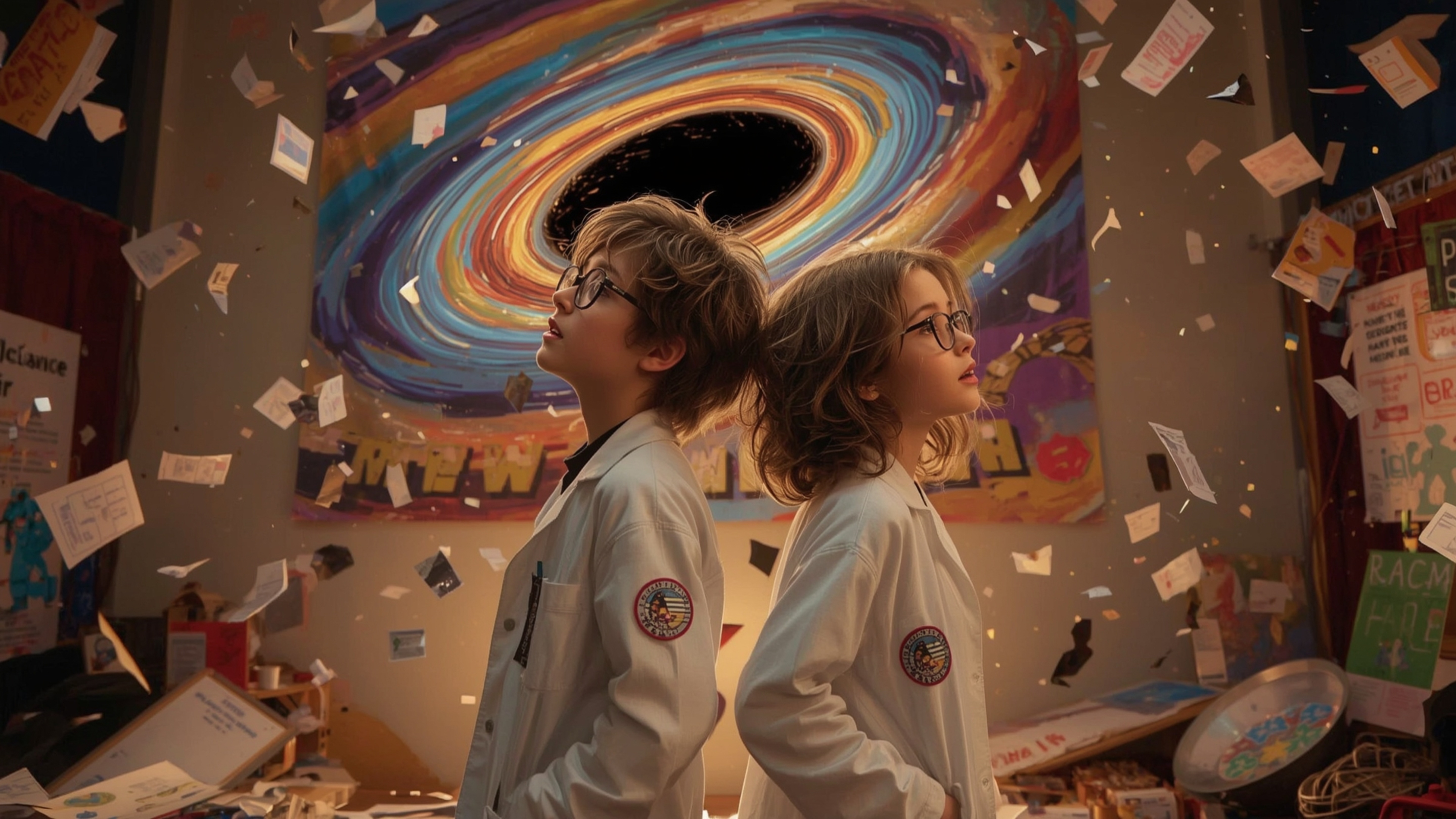 In a vibrant, cinematic photograph rendered in a hyper-realistic, Pixar-inspired style, a dynamic science fair duo unwittingl