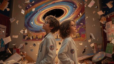 In a vibrant, cinematic photograph rendered in a hyper-realistic, Pixar-inspired style, a dynamic science fair duo unwittingl
