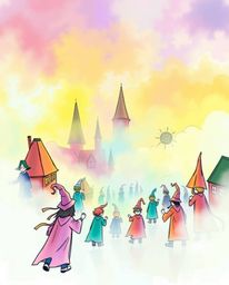 Explore a vibrant, hand-drawn sketch of a magical school teeming with young wizards, rendered in a dynamic Color sketchnote s