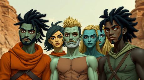 Explore a dynamic scene featuring a warm terracotta and cool teal color palette, showcasing a team of misfit heroes with dive