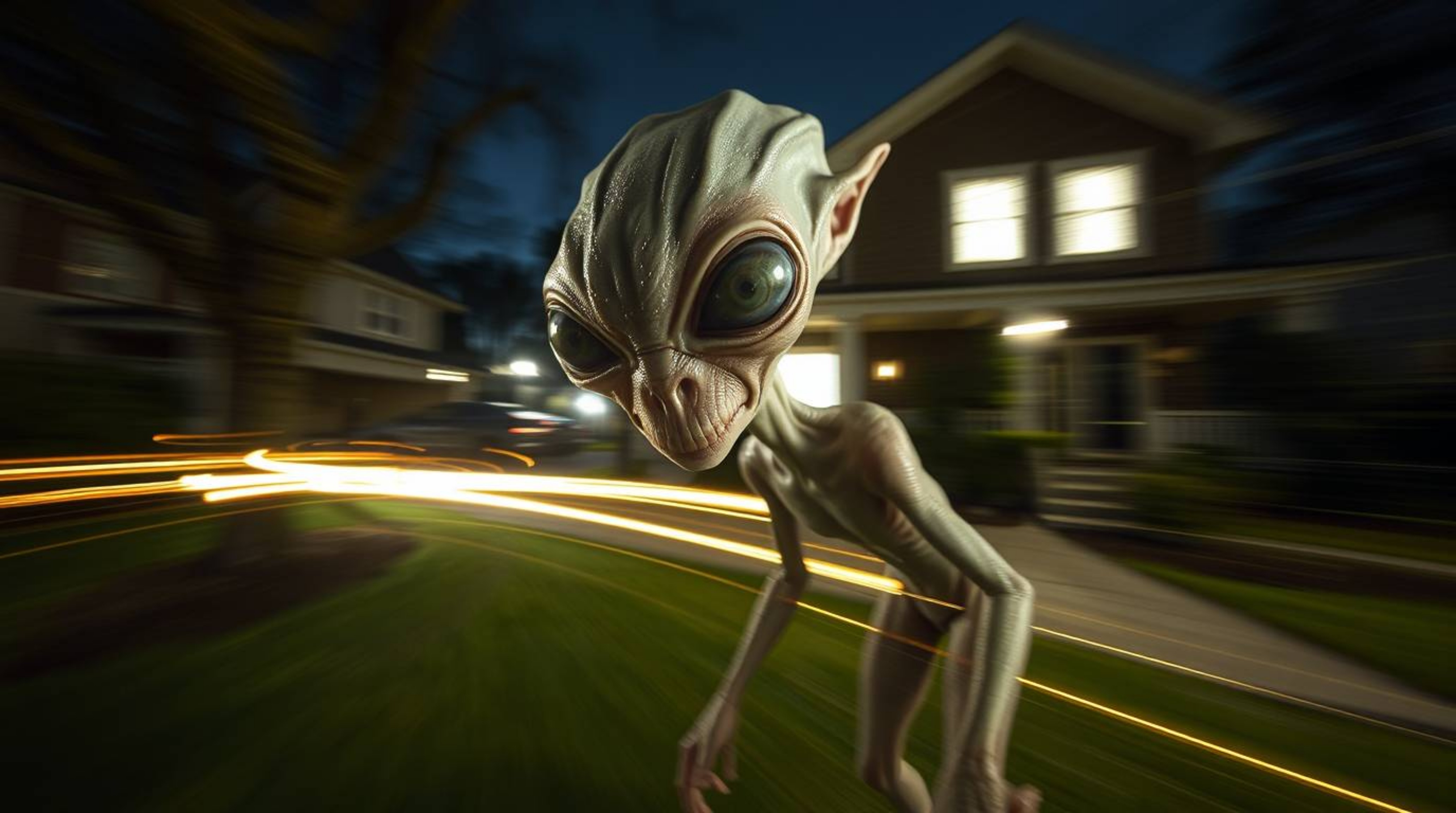 A captivating long exposure photograph depicts an alien with translucent skin and large eyes inhabiting a mundane suburban ho
