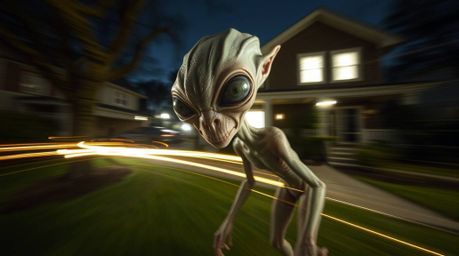 A captivating long exposure photograph depicts an alien with translucent skin and large eyes inhabiting a mundane suburban ho