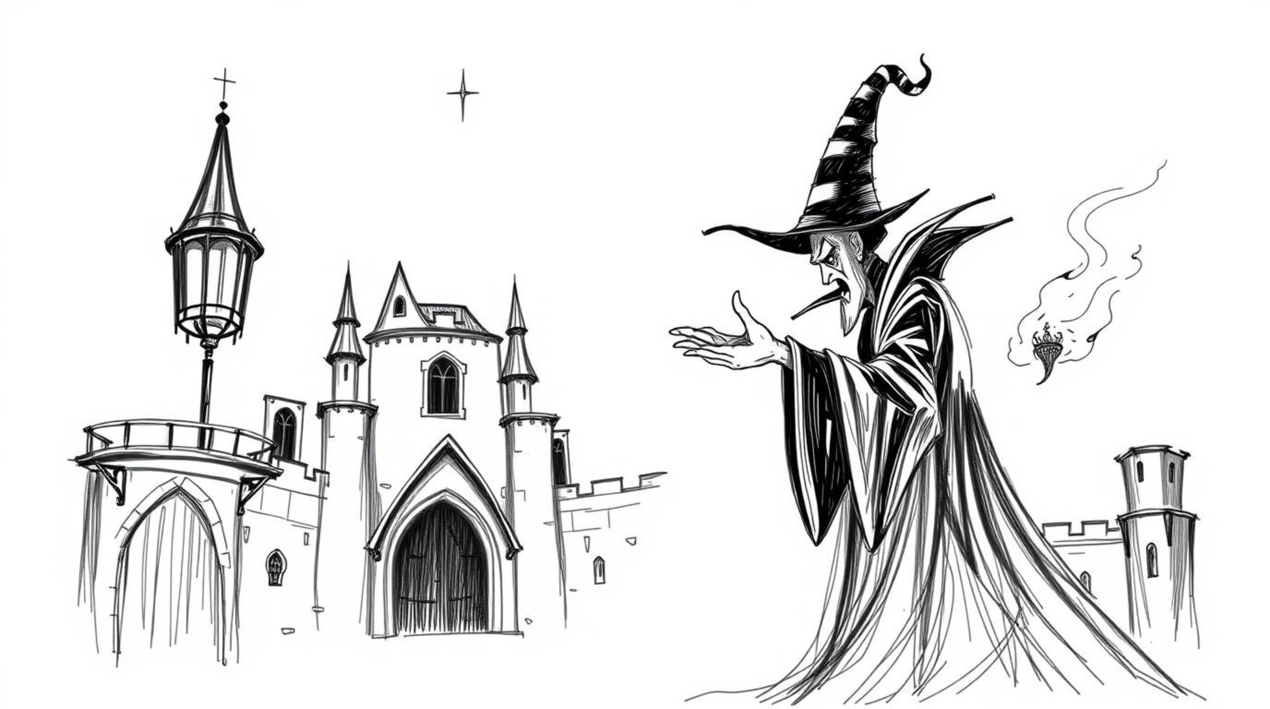 A captivating hand-drawn sketch in classic black and white portrays a timeless Disney villain casting a spell within the aged