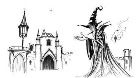 A captivating hand-drawn sketch in classic black and white portrays a timeless Disney villain casting a spell within the aged