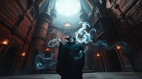 A breathtaking long exposure photograph depicts a classic Disney villain casting a spell within an ancient castle. The scene