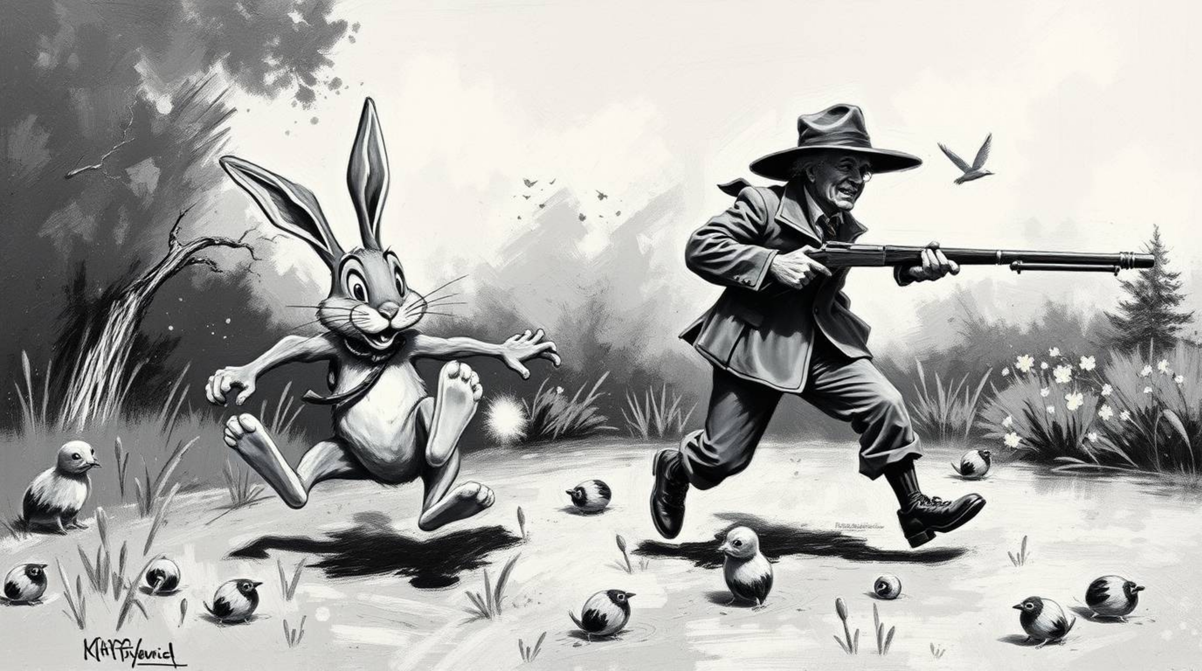 A classic black and white oil painting captures a wildly humorous scene of a wacky rabbit outsmarting a hunter. The artwork b