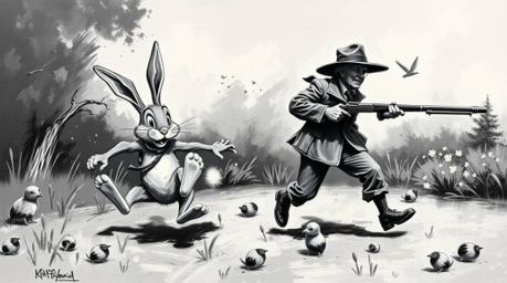A classic black and white oil painting captures a wildly humorous scene of a wacky rabbit outsmarting a hunter. The artwork b