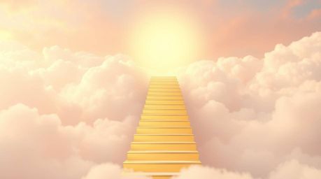 A captivating image depicts a golden staircase ascending through soft pastel clouds towards a radiant heaven.  Rays of sunlig