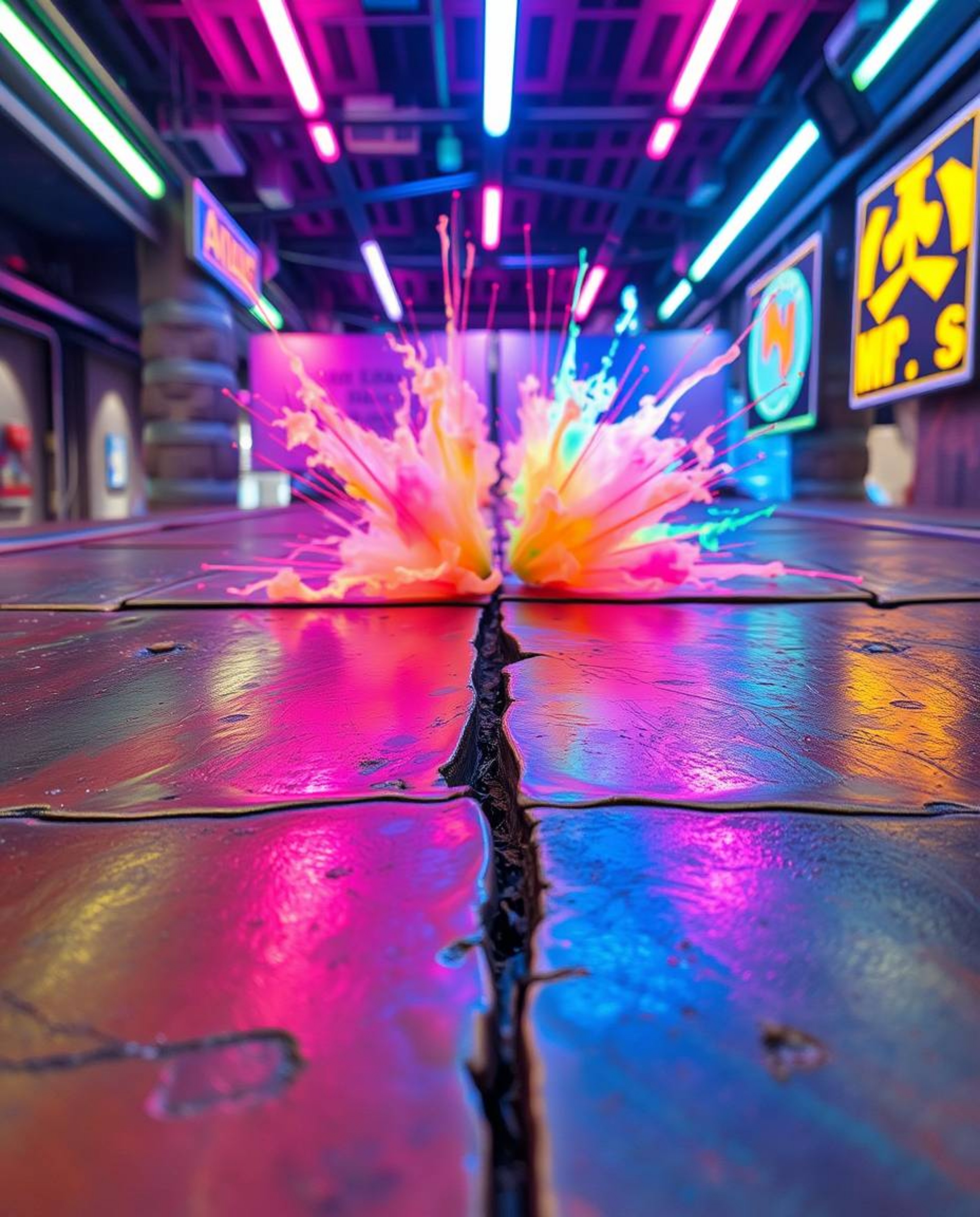 A captivating cast bronze surface, uniquely divided to reveal vibrant neon splashes within a futuristic cyberpunk environment