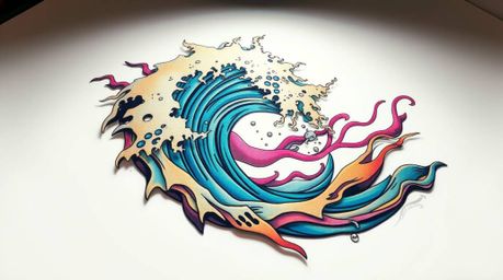 This captivating artwork showcases a symbolic traditional tattoo design featuring a fluid abstract wave with a pastel gradien