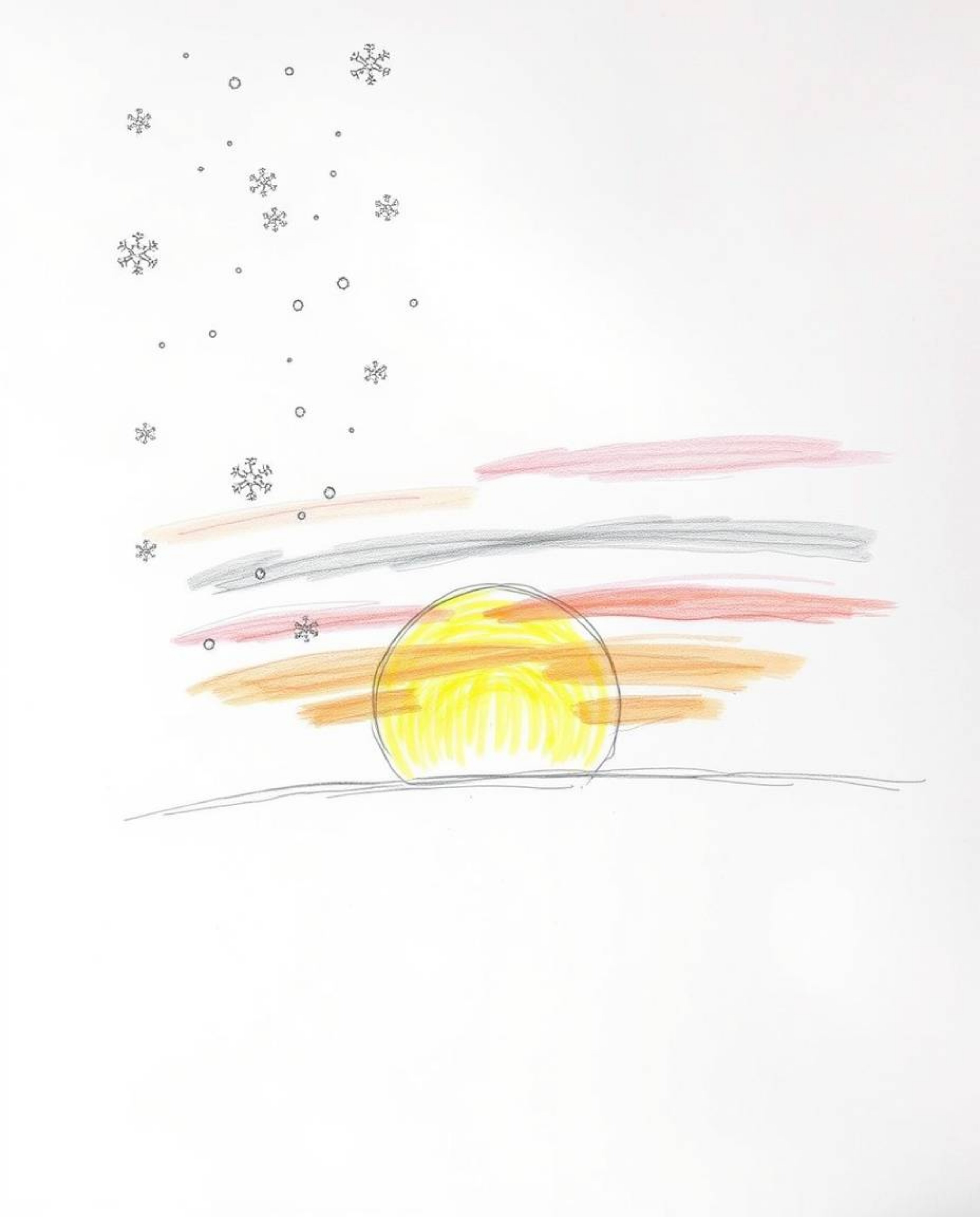 A beautifully rendered hand-drawn sketch captures snowflakes falling during a vibrant sunset. This artwork is characterized b