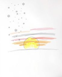 A beautifully rendered hand-drawn sketch captures snowflakes falling during a vibrant sunset. This artwork is characterized b