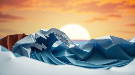 A captivating close-up showcases intricately folded origami waves dramatically crashing against rugged cliffs, all bathed in 