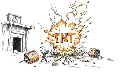 A graceful and elegant hand-drawn color sketchnote depicts a classic exploding TNT gag in the wild west. The refined features