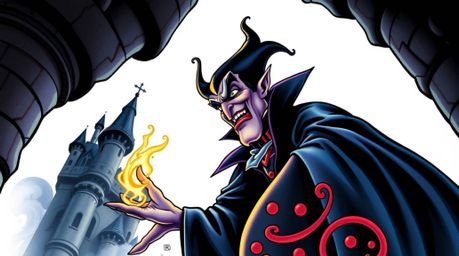 A captivating traditional tattoo art print featuring a classic Disney villain casting a spell within an ancient castle. The
