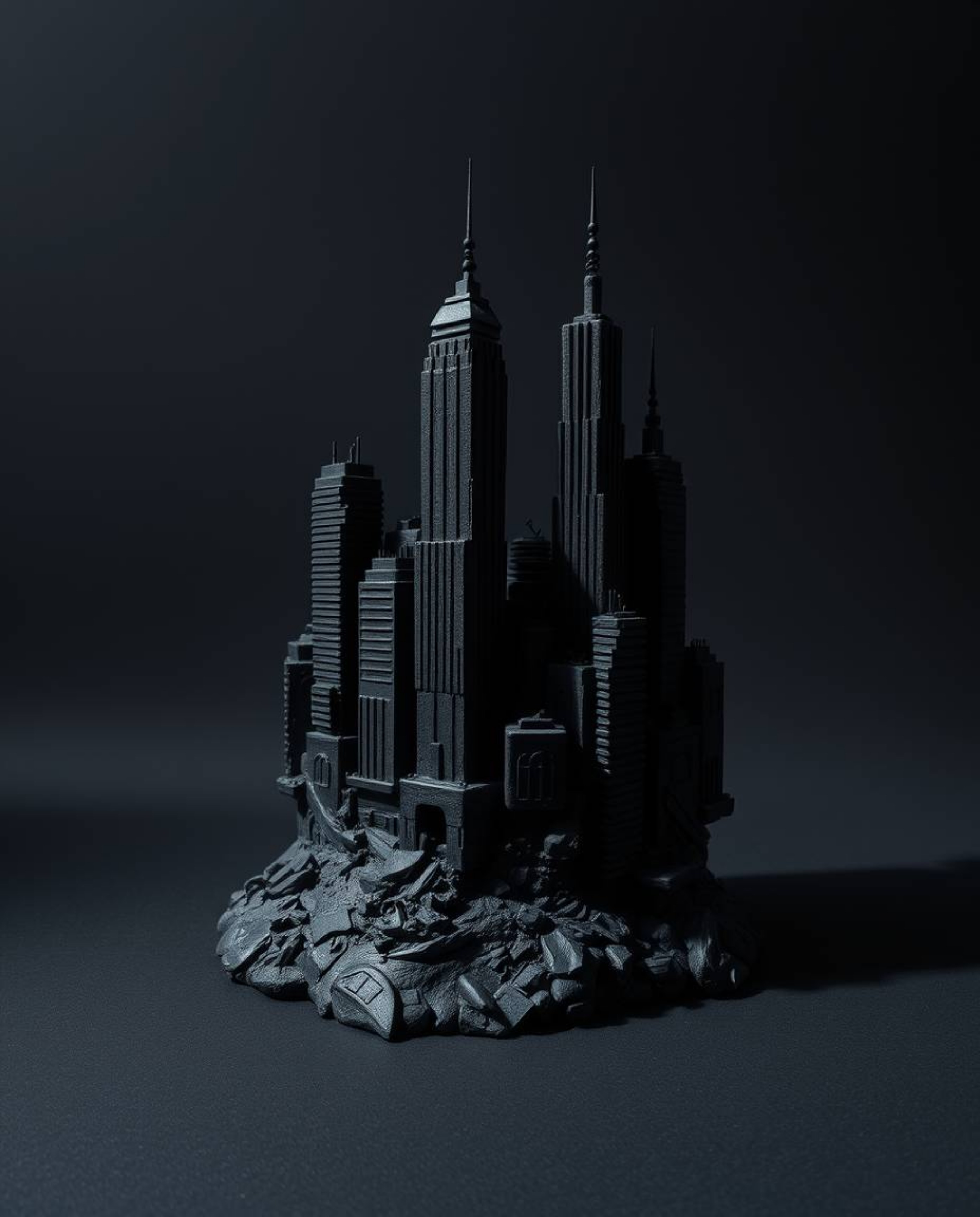 A captivating sculptural artwork crafted from pure black clay depicts a glitchy digital landscape.  Distorted skyscrapers and