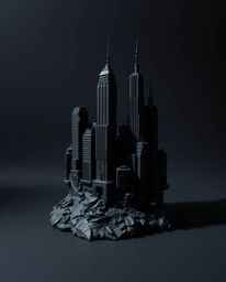 A captivating sculptural artwork crafted from pure black clay depicts a glitchy digital landscape.  Distorted skyscrapers and