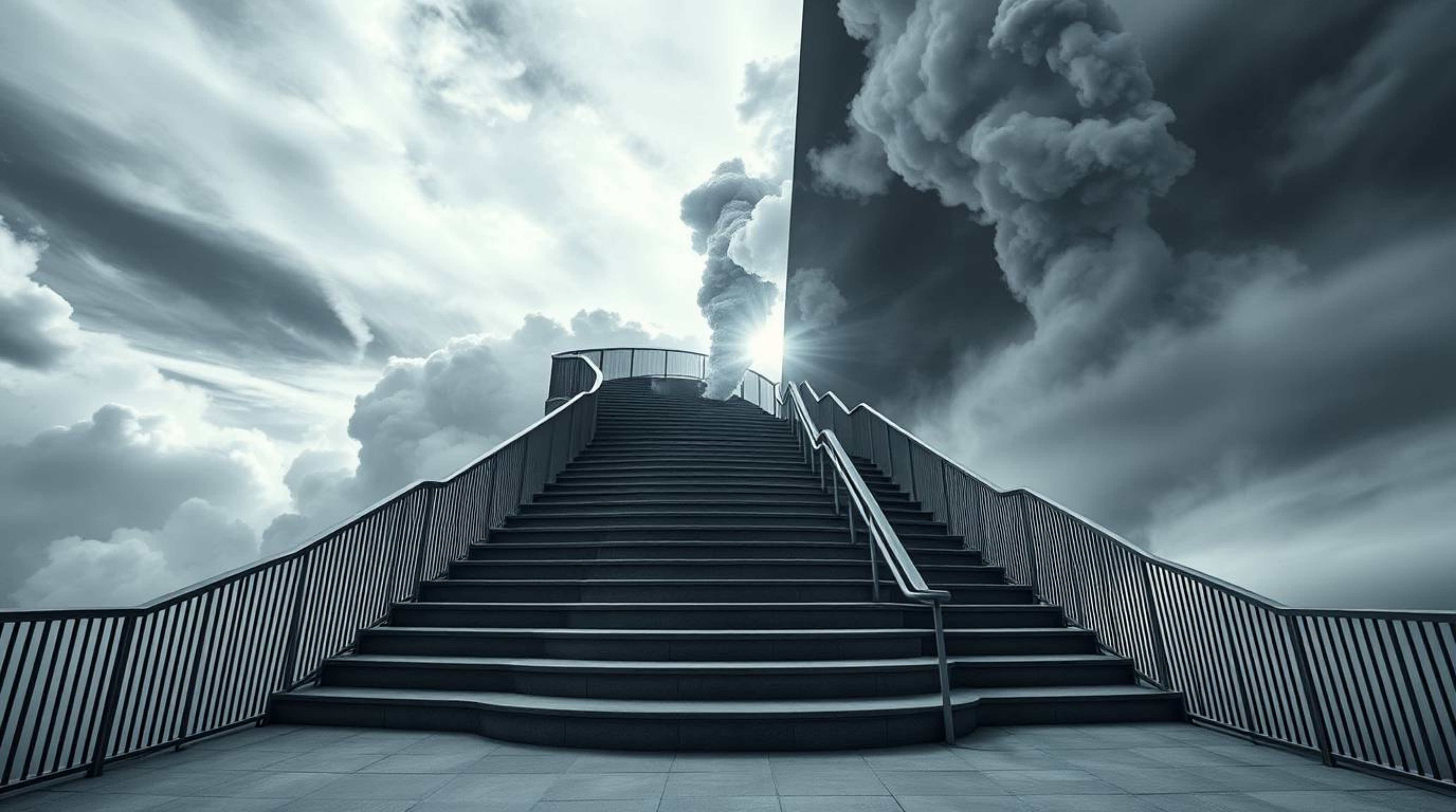 This stunning architectural color photograph captures a winding stairway of smoke and light dramatically ascending into a vas