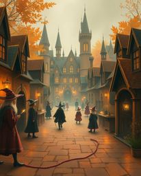 Immerse yourself in a magical school teeming with young wizards, rendered in warm autumnal hues like earthy browns, oranges, 