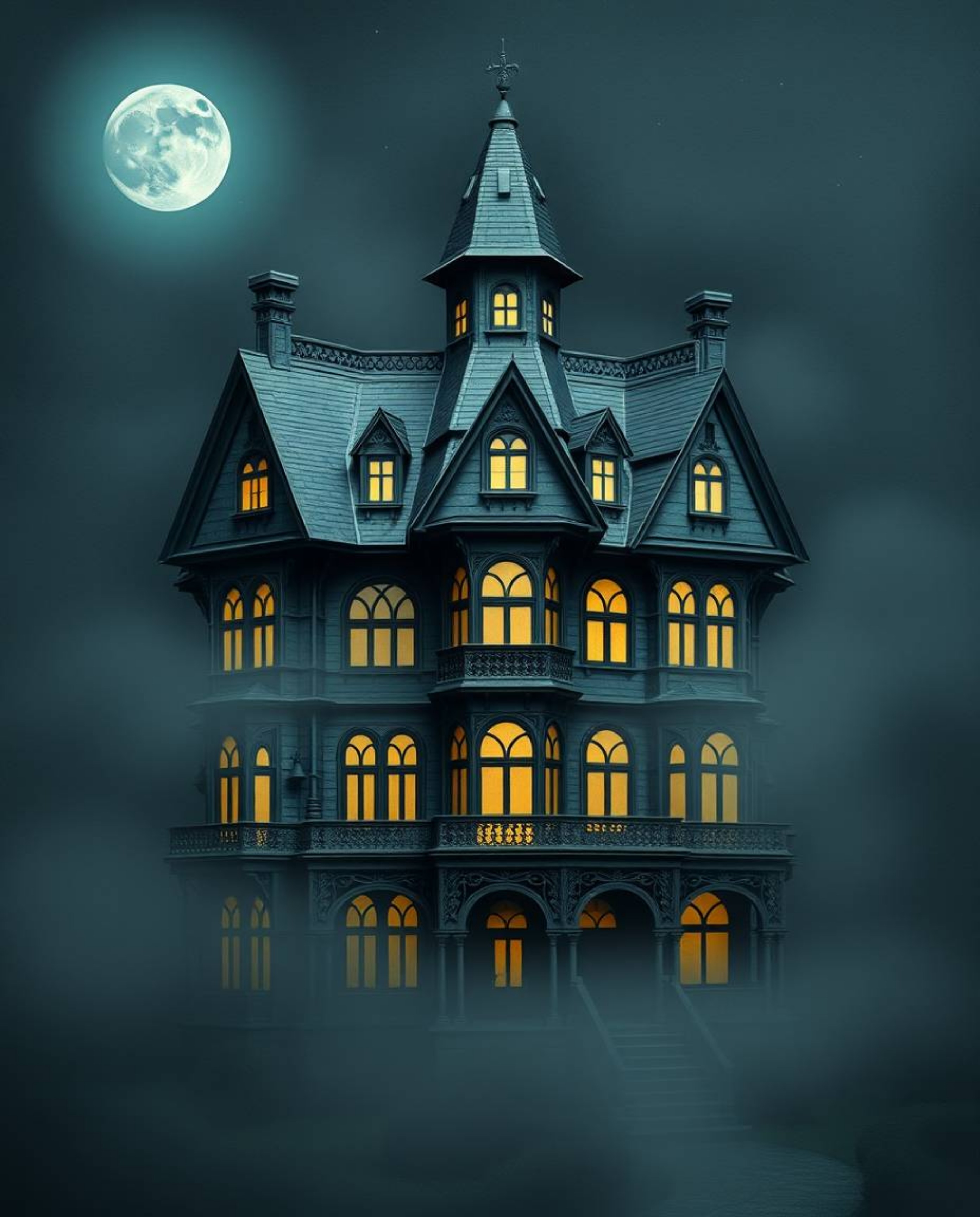 A fog-covered Victorian mansion under moonlight, rendered in an intricate origami style, presents a captivating and slightly