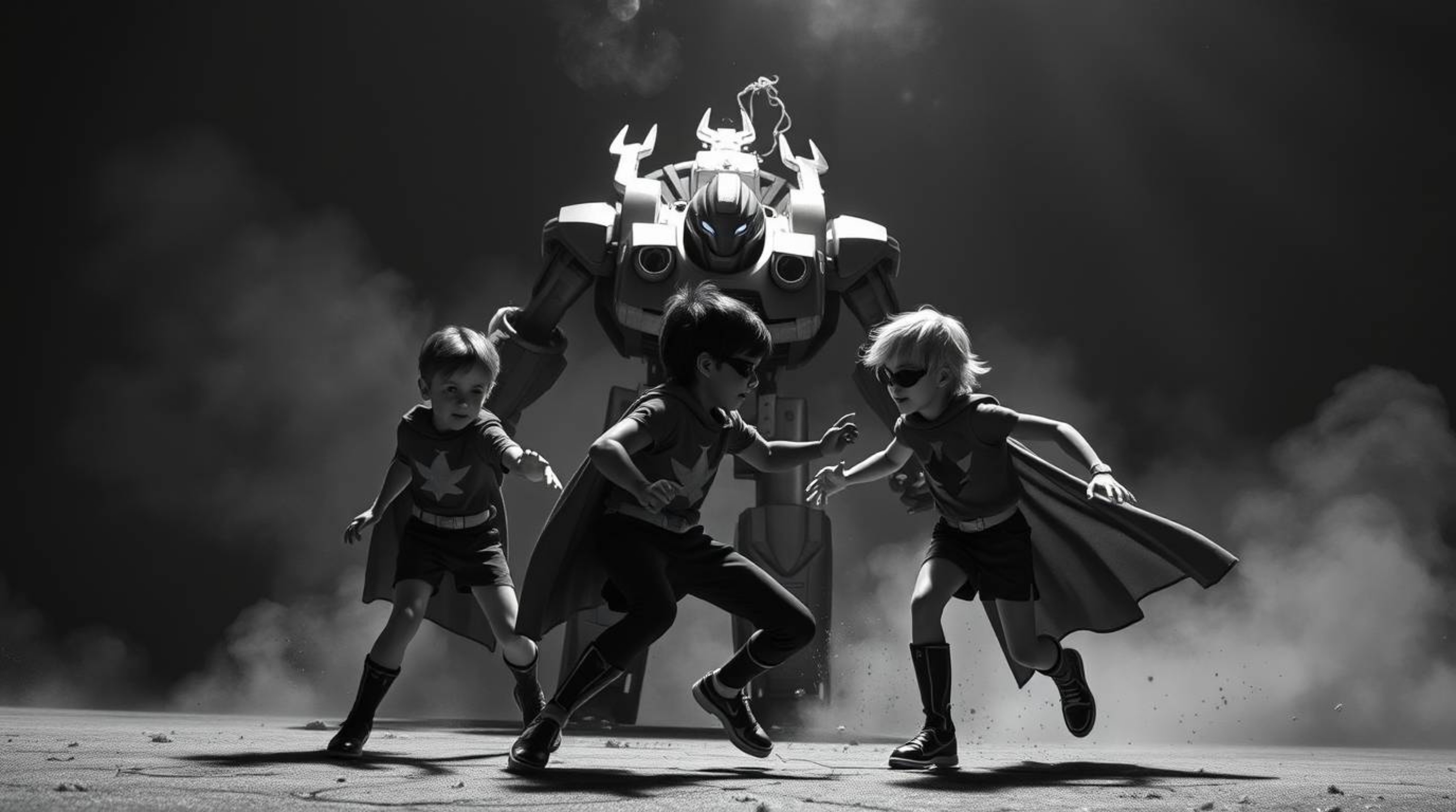 Experience a dramatic and timeless scene captured in classic black and white. A trio of superpowered kids battles a formidabl