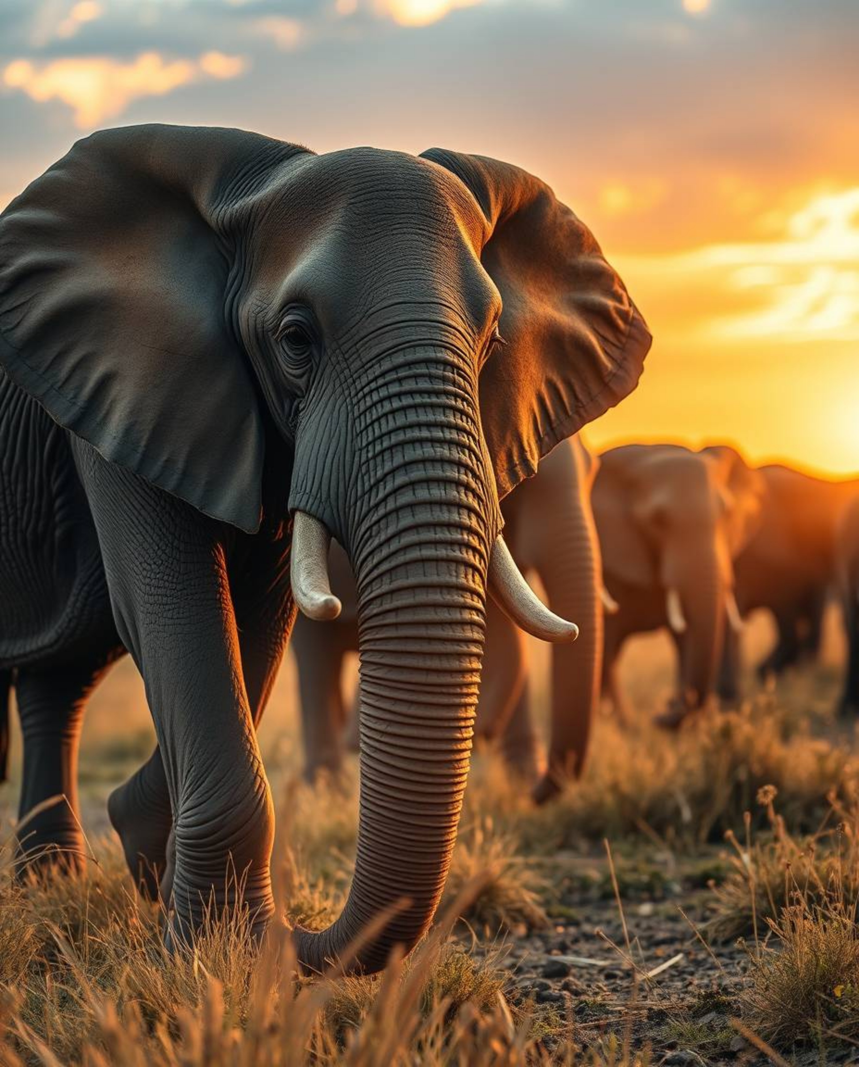 This is an extreme macro close-up photograph of elephants walking across a sunset field, distinguished by its use of a distin