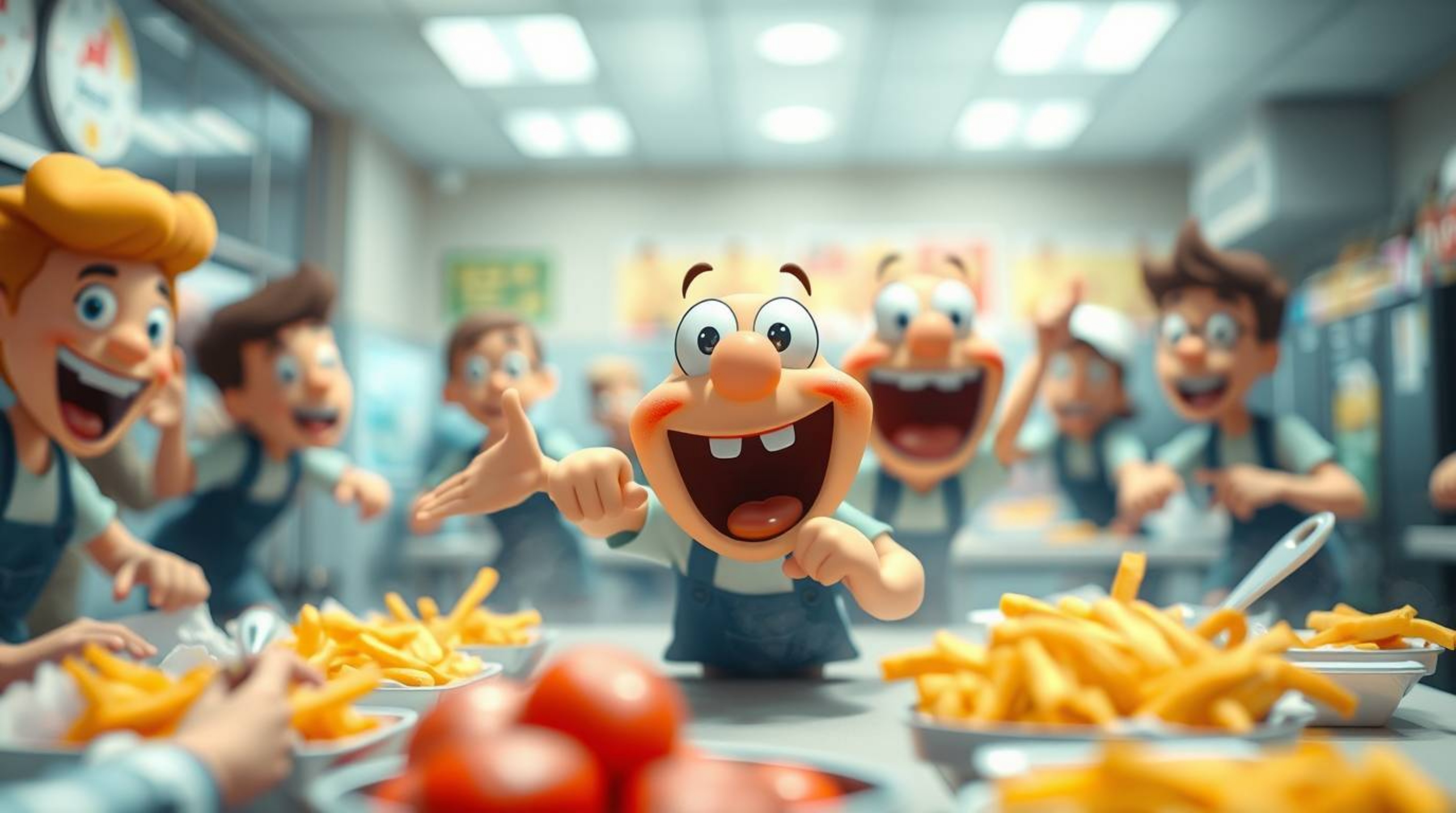 A high-resolution stock photo depicting a chaotic and fun cartoon cafeteria food fight.  The image features a blurred bokeh e