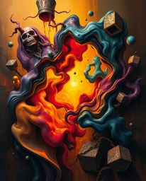 Explore an abstract composition where colorful 3D fluid shapes dance with geometric forms under a warm golden glow. This artw