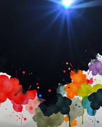 A captivating image blending intense jet black with a bright lens flare, further enhanced by colorful watercolor splashes on 