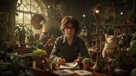 a dramatic, warm-lit photograph of a messy-haired, bespectacled prodigy, perhaps 12 years old, with a kind face and gentle ey
