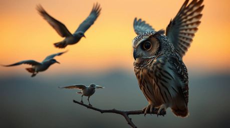 This heartwarming image depicts a blind owl in a Pixar-esque style, engaged in the extraordinary task of teaching birds to fl