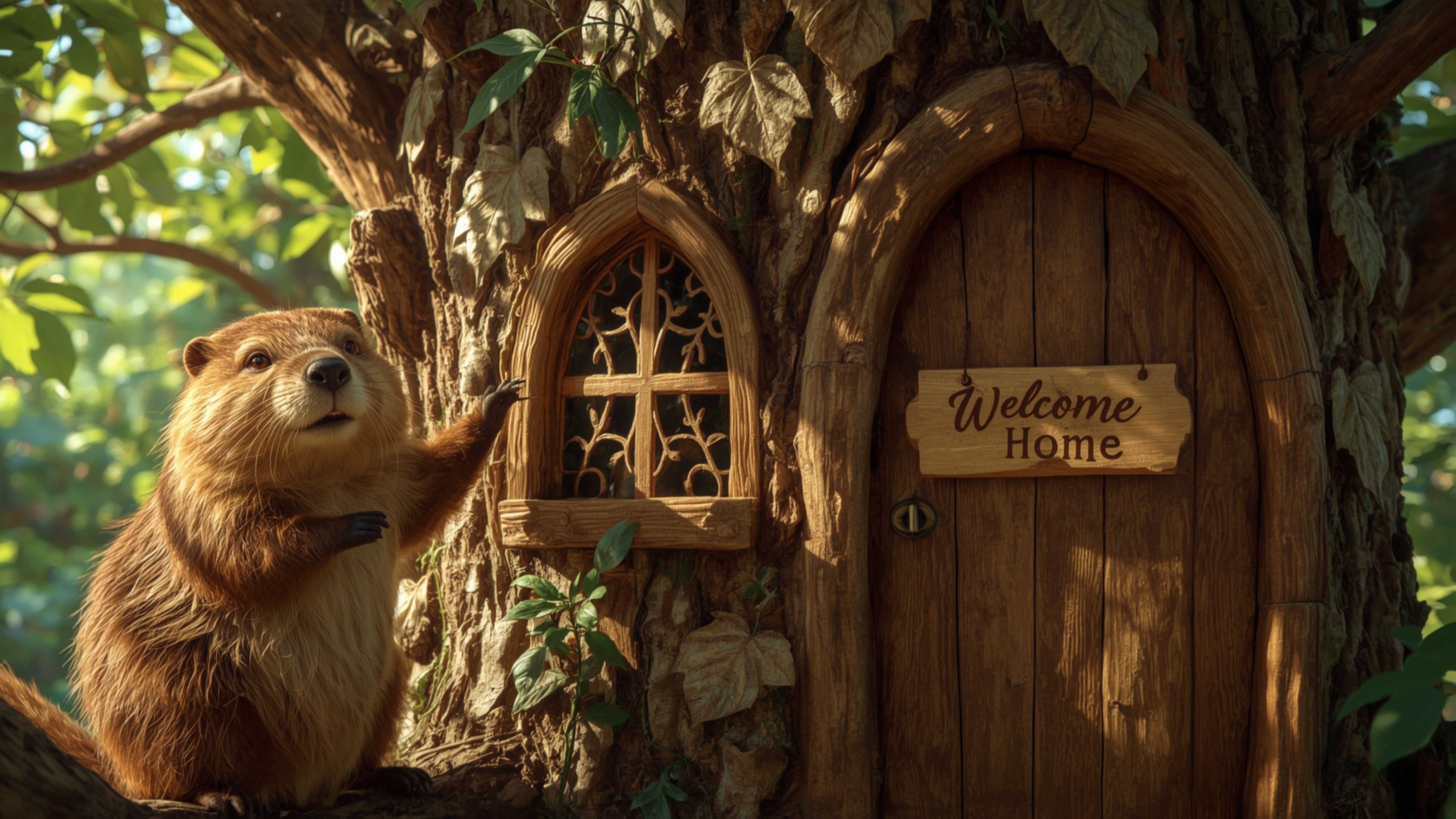 A highly detailed, high-resolution stock photo of a beaver, reminiscent of a Pixar animation, with warm, golden fur and brigh